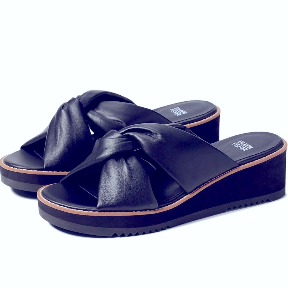 Eileen Fisher Bene Wedge Platform Black Sandal Size 8